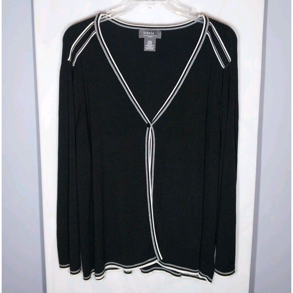 George ME 26/28W Black 1 Button Cardigan White Trim Lightweight Knit Plus Size